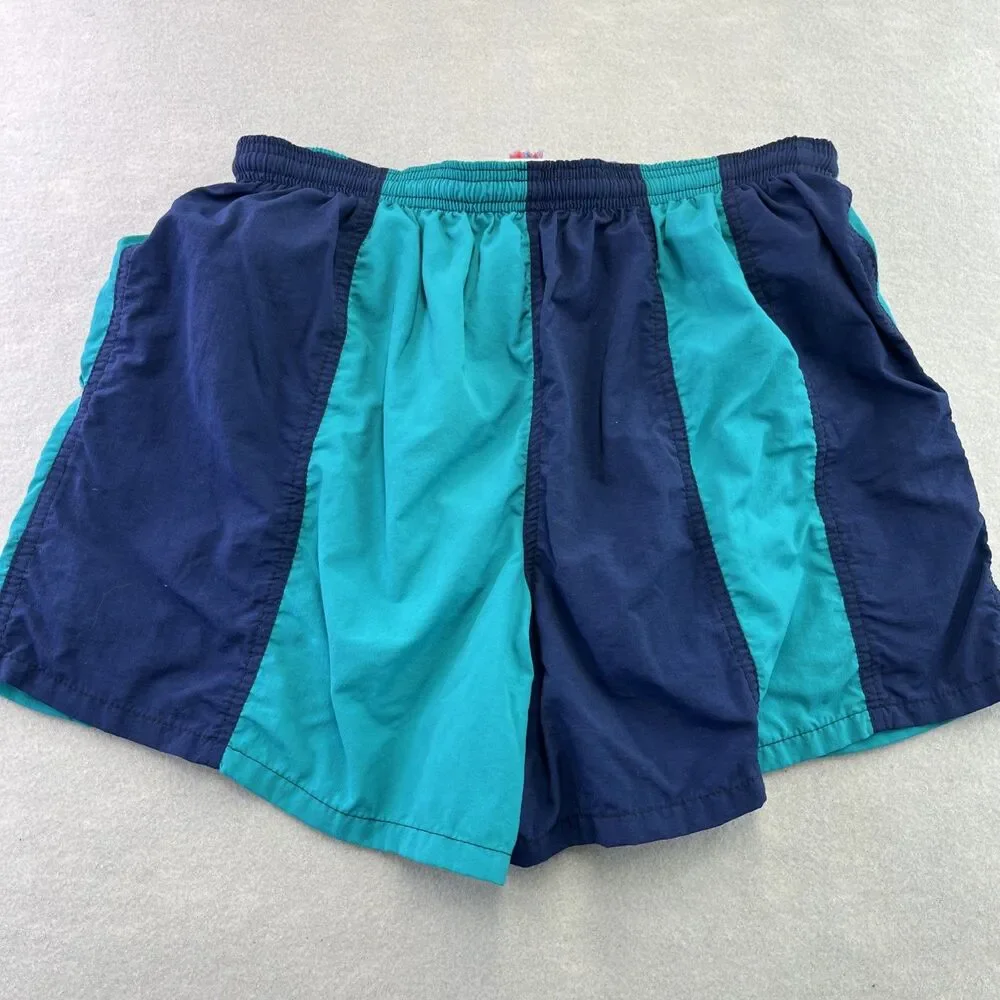 Club Sportswear Swim Trunks USA Made 80s 90s M Teal Navy Unisex Colorblock VTG